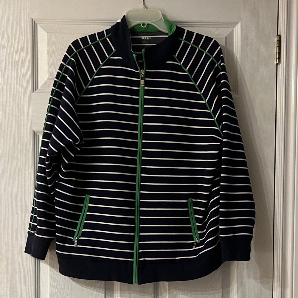 Alia Navy and White Striped Zip-Up Cardigan with Green Trim